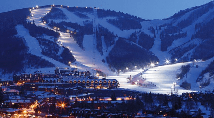 Park City Mountain Resort ski runs lit up at night, Utah