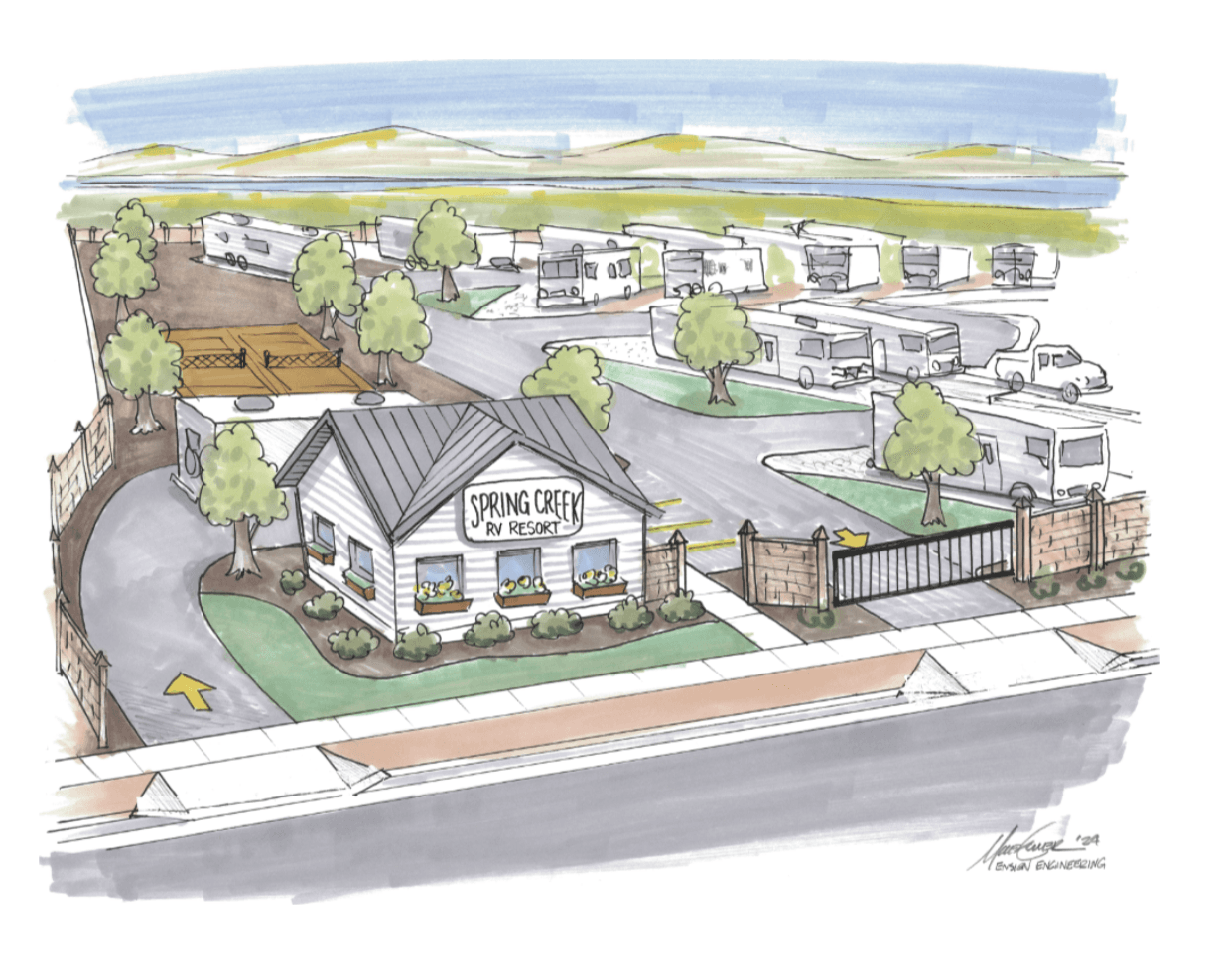 Spring Creek RV Resort architectural rendering — clubhouse entrance, gated entry, RV sites, and Great Salt Lake views, Farmington Utah